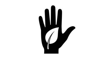Fototapeta premium Black silhouette of a hand holding a green leaf icon.