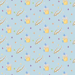 Seamless Easter pattern with decorated cakes, pussy willow branches, and colorful eggs on pastel blue background, festive seasonal design for wrapping paper and holiday decor © Lipitorika