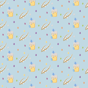 Seamless Easter pattern with decorated cakes, pussy willow branches, and colorful eggs on pastel blue background, festive seasonal design for wrapping paper and holiday decor