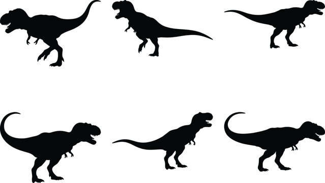 Dynamic collection of six powerful Tyrannosaurus Rex (T-Rex) dinosaur silhouettes, showcasing various menacing prehistoric poses for educational content and bold graphic design projects.