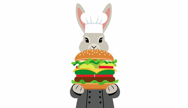 Charming cartoon rabbit chef proudly presents a gigantic gourmet hamburger, a delightful culinary mascot perfect for fast food and restaurant concepts
