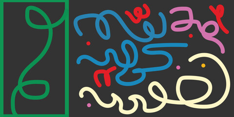 Obraz premium Vibrant abstract art with colorful squiggles and shapes on a dark background