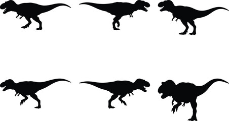 Naklejka premium Six dynamic black Tyrannosaurus Rex silhouettes, featuring aggressive poses, open mouths, and active stances. Ideal vector graphic for educational content, game design, and prehistoric projects.