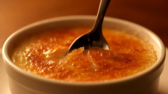 Spoon breaking through the caramelized top of a creamy dessert, revealing a luxurious interior beneath.