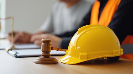Construction helmet and gavel on desk during legal discussion  