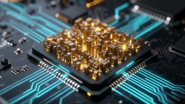Close-up of Futuristic CPU Chip with Glowing Golden Circuit Architecture and Cyberpunk Data Streams
