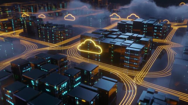 Smart City Infrastructure with Glowing Cloud Computing Icons and Digital Data Trails