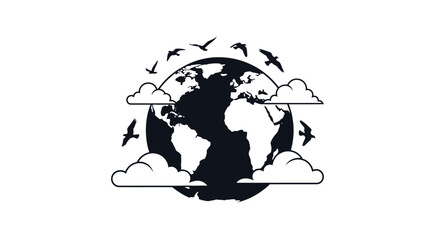 Fototapeta premium Earth globe with birds and clouds illustration.