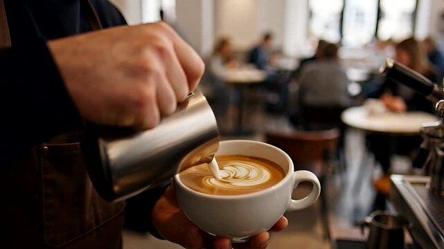 Barista creates latte art in a cozy cafe filled with customers and warm ambiance.