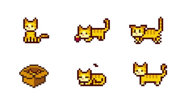 8-bit pixel art yellow cat various action. looped animation 4k 30fps
