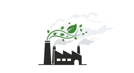 Green factory with leaves and smoke symbolizing eco-friendly industry.