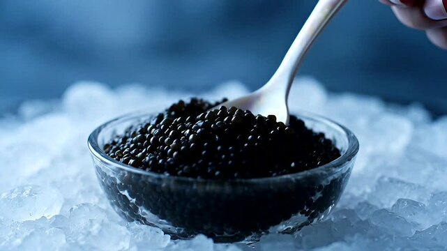 Black caviar served in a glass bowl on ice with a spoon, highlighting luxury seafood and gourmet cuisine.