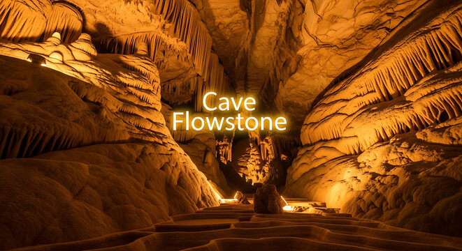 Illuminated cave interior with flowstone formations on walls and floor  natural geological wonder  stalactites and stalagmites