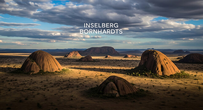Inselberg bornhardts landforms in a desert landscape with sand and shrubs under a cloudy sky  unique geological formations
