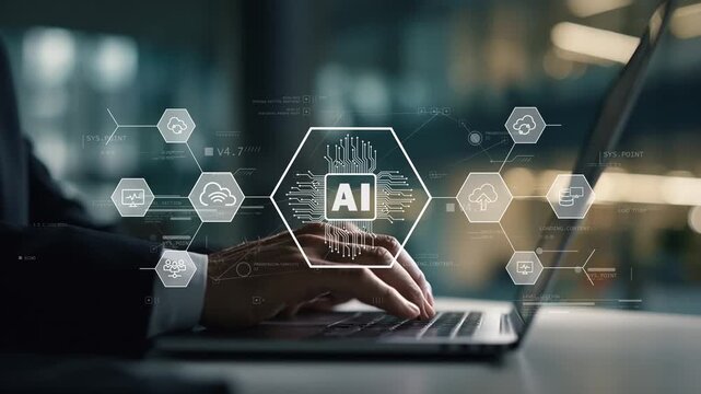 Business man working on computer as digital icons appear, including AI, cloud and data symbols, representing technology, innovation and modern digital business processes.