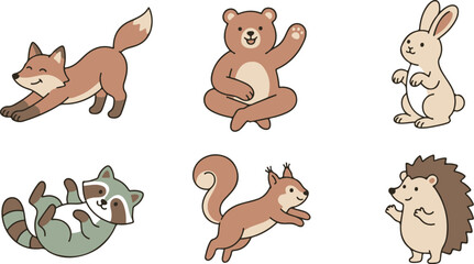 Fototapeta premium Playful Forest Animals Poses with Bear Fox and Raccoon 