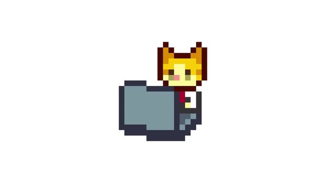 8-bit pixel art office worker cat working on a laptop set. looped animation 4k 30fps