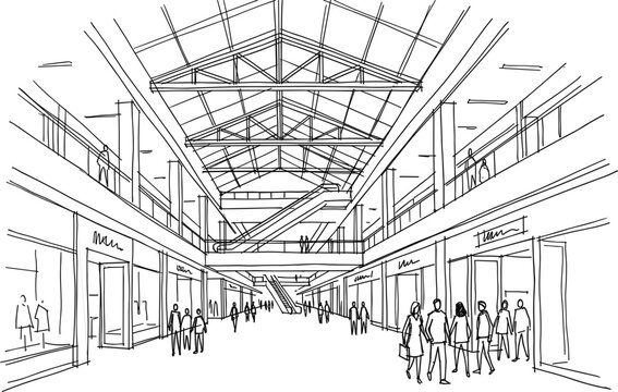 Modern retail atrium sketch featuring a multi-level shopping mall layout, industrial truss ceiling, escalators, and a busy pedestrian concourse.