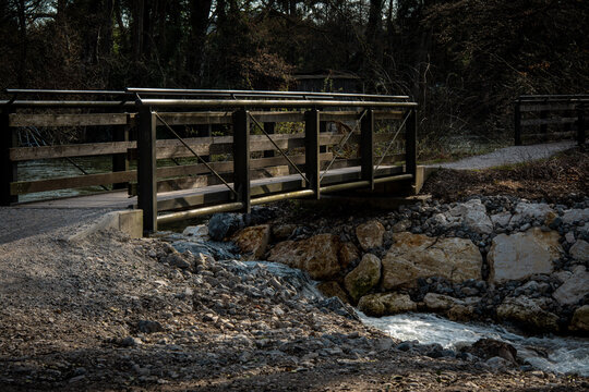 Wooden Pedestrian Bridge In Emmering Over Amper River: Perspective Walkway Between Olching And Fuerstenfeldbruck Near Munich