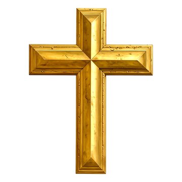 A gold-colored cross with a textured surface and beveled edges