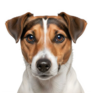 A curious jack russell terrier looking attentively towards the camera isolated on transparent background