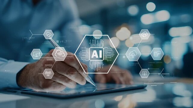 Business man working on tablet as digital icons appear, including AI, cloud computing and data network, representing digital transformation, technology innovation and modern business workflow.
