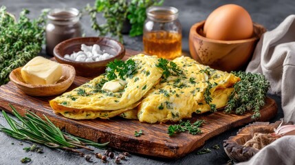 Fresh Herb Omelette with Butter Garnish and Ingredients on Rustic Wooden Board in a Cozy Kitchen Setting