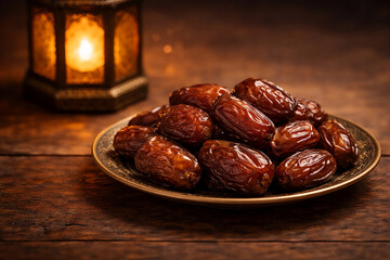 Obraz premium Close up of dates fruit served on a ceramic plate with Ramadan lantern decoration. Represents traditional food used for breaking the fast.