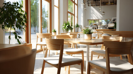 Fototapeta premium Bright interior with wooden chairs, sunlight, green plants, cozy atmosphere, modern cafe