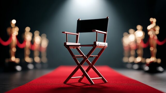 Director's chair positioned on a red carpet with golden Oscar statuettes in the background, spotlight illuminating the scene, creating a cinematic atmosphere
