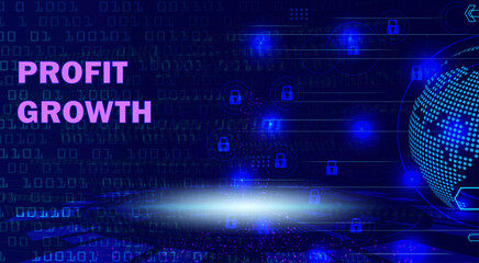 Obraz premium Profit Growth concept with glowing text, digital binary code background, and a blue global network sphere for business success and financial development