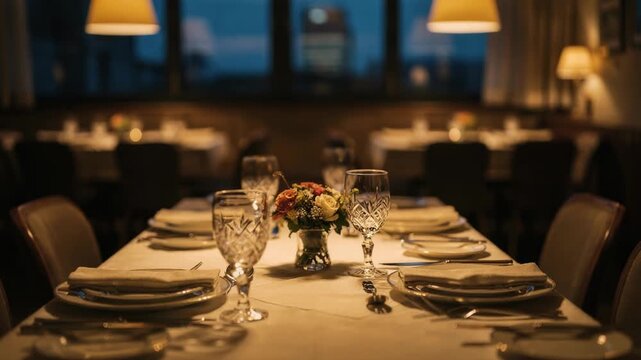 Warmly lit dining room at dusk medium shot focusing on a table set with fine dinnerware while the rest of the frontofhouse softly fades into background blur.