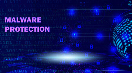 Obraz premium Malware Protection concept with glowing digital globe, binary code, and padlock icons on a dark blue background, symbolizing cybersecurity and data security