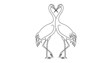 Fototapeta premium Graceful Cranes in Unity: Two elegant cranes intertwine their necks in a heart shape, a delicate monochromatic illustration symbolizing love, fidelity, and enduring connection.