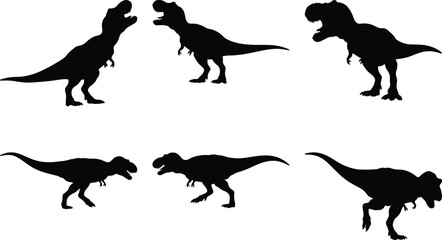 Naklejka premium Six powerful Tyrannosaurus Rex dinosaur silhouettes in various dynamic poses: roaring, standing, walking, isolated on white, perfect for prehistoric themes, education, and graphic design.