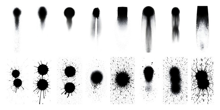 Title: a collection of abstract black inkblot patterns with varying shapes and textures on a white background