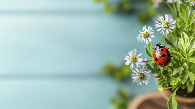 Vibrant ladybug perched on white flowers in pot against soft blue background, creating cheerful and lively scene