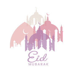 Obraz premium Minimal Pink Eid Mubarak Mosque and Crescent Moon Islamic Greeting Logo