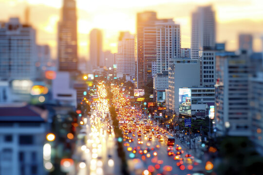 Vibrant cityscape at sunset showcases bustling traffic and illuminated buildings, creating lively urban atmosphere