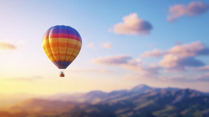 Obraz premium Colorful hot air balloon floats gracefully in sky above mountains during sunset, creating serene and picturesque scene