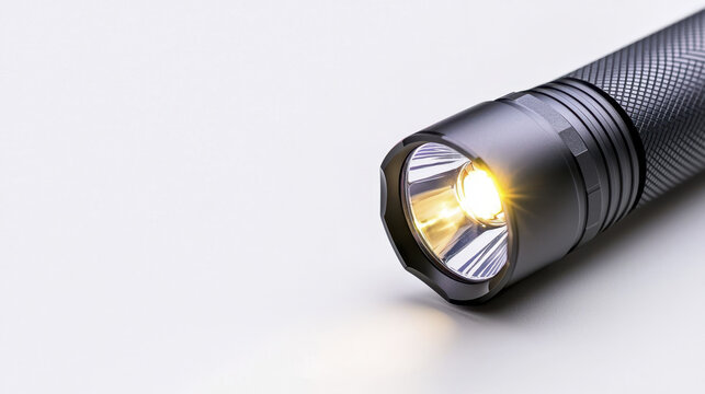 Close up of tactical flashlight showcasing its sleek design and bright LED light, perfect for outdoor adventures