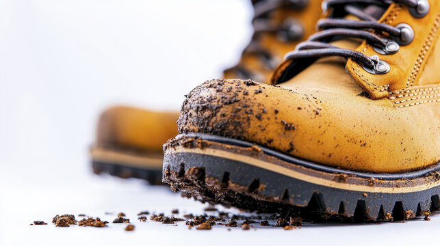 Close up of dirty combat boot with mud and debris, showcasing rugged design and durability
