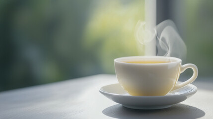 Fototapeta premium Steaming cup of tea sits saucer, radiating warmth and comfort serene setting. soft light enhances tranquil atmosphere