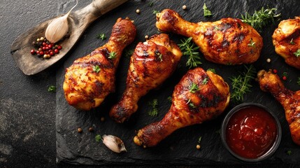 Grilled Chicken Drumsticks on Rustic Black Slate with Herbs, Garlic, and Spicy Barbecue Sauce in a Gourmet Culinary Setting