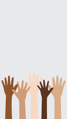 Obraz premium Flat vector illustration of people with different skin colors raising their hands. Unity concept.