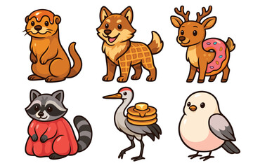 Naklejka premium Cute cartoon animals with food elements and whimsical characteristics are presented as a delightful collection of charming illustrations.