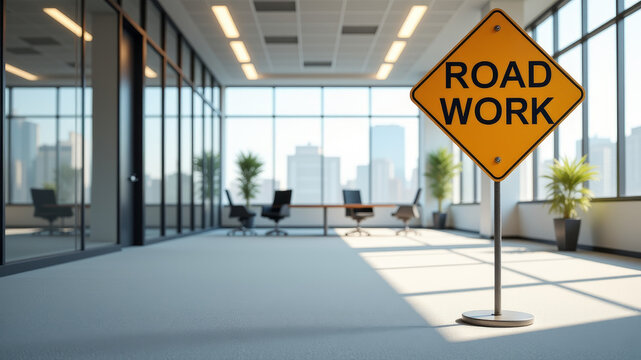 Road work warning sign placed in bright minimal corporate lobby symbolizing ongoing change improvement and maintenance within contemporary office environment