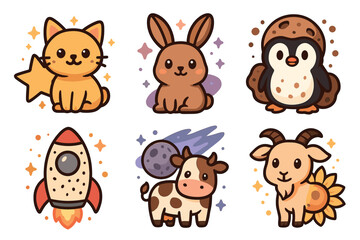 Fototapeta premium Cute cartoon animals and objects collection featuring a charming cat, rabbit, penguin, rocket, cow, and goat in a delightful illustration style.