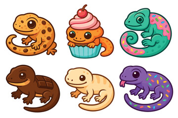 Obraz premium Six adorable cartoon lizards with various sweet dessert-inspired designs are playfully arranged, showcasing their unique and colorful patterns.