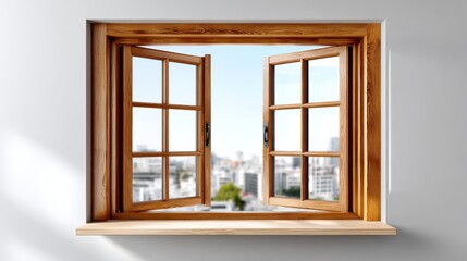 Obraz premium Wooden window with open double panes showcasing a cityscape view, bright sky and urban buildings visible in the background from an interior setting